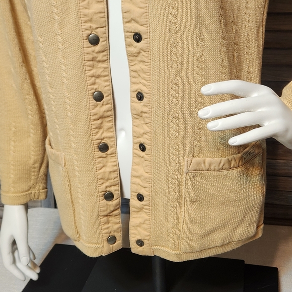 Blue Willi's of Denmark Snap Up Knit Cardigan Denim Collar Creamy Tan Small - Picture 3 of 11